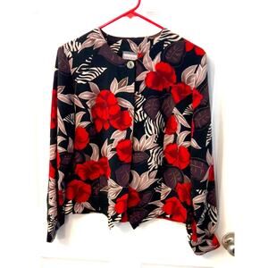 Floral Career Blouse Size S Bora Bora Long Sleeve Pointed Vest Like Hem Coquette